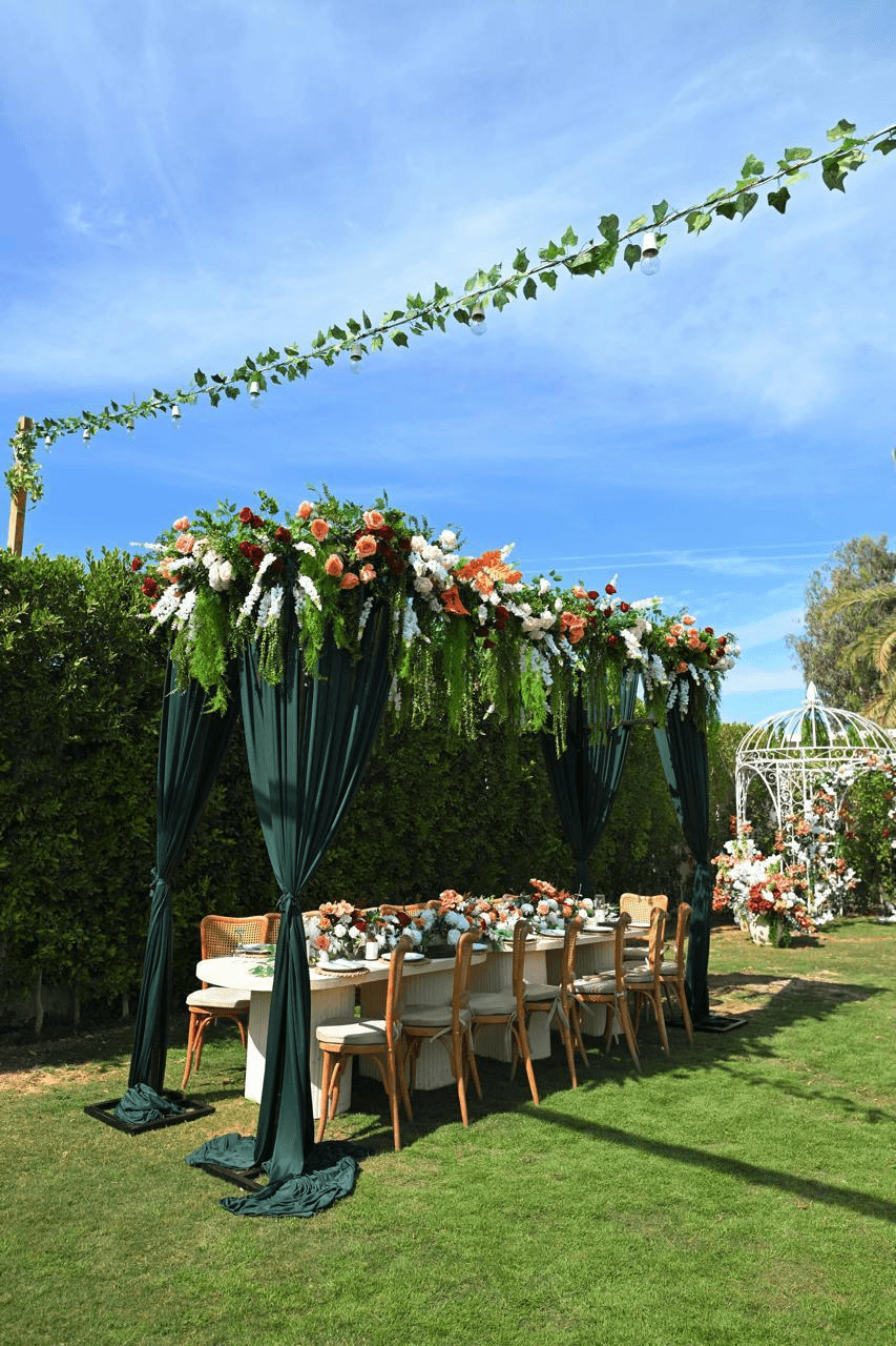 Evening garden setting with string lights